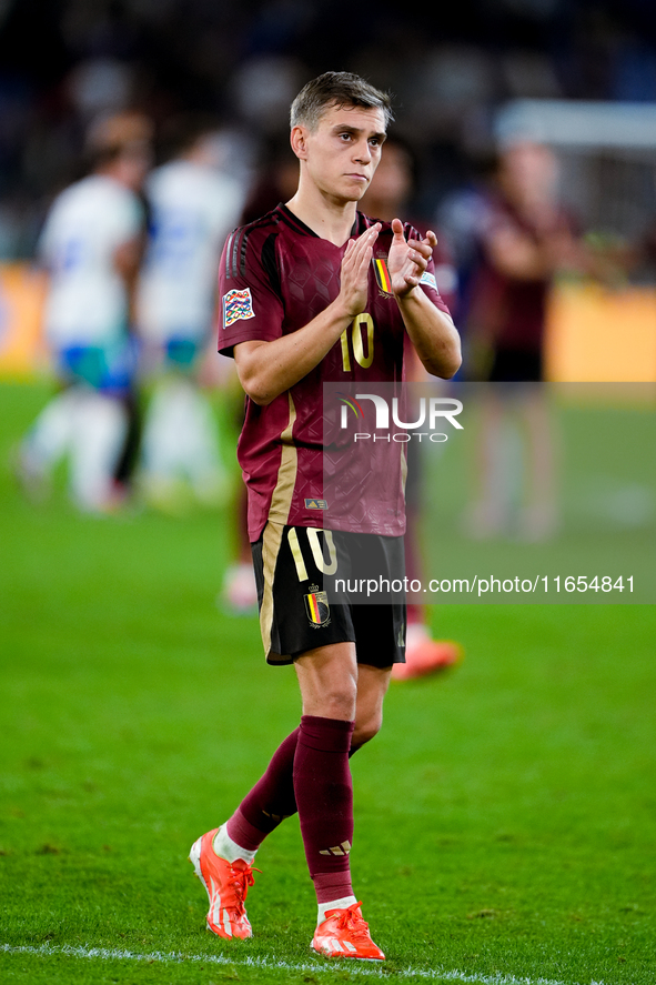 Leonardo Trossard of Belgium applauds his supporters at the end of the UEFA Nations League 2024/25 League A Group A2 match between Italy and...