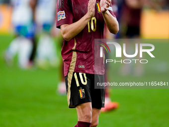 Leonardo Trossard of Belgium applauds his supporters at the end of the UEFA Nations League 2024/25 League A Group A2 match between Italy and...