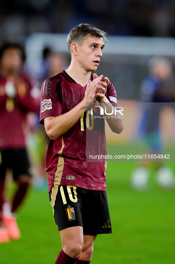 Leonardo Trossard of Belgium applauds his supporters at the end of the UEFA Nations League 2024/25 League A Group A2 match between Italy and...