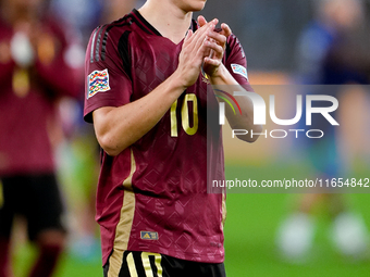 Leonardo Trossard of Belgium applauds his supporters at the end of the UEFA Nations League 2024/25 League A Group A2 match between Italy and...