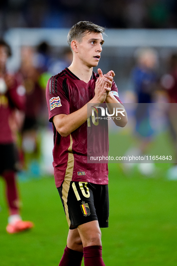 Leonardo Trossard of Belgium applauds his supporters at the end of the UEFA Nations League 2024/25 League A Group A2 match between Italy and...