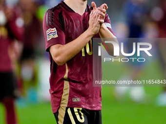 Leonardo Trossard of Belgium applauds his supporters at the end of the UEFA Nations League 2024/25 League A Group A2 match between Italy and...