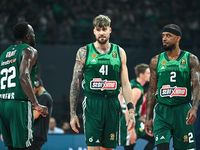 Juancho Hernangomez, Lorenzo Brown, and Jerian Grant of Panathinaikos AKTOR Athens play during the Euroleague, Round 2 match between Panathi...