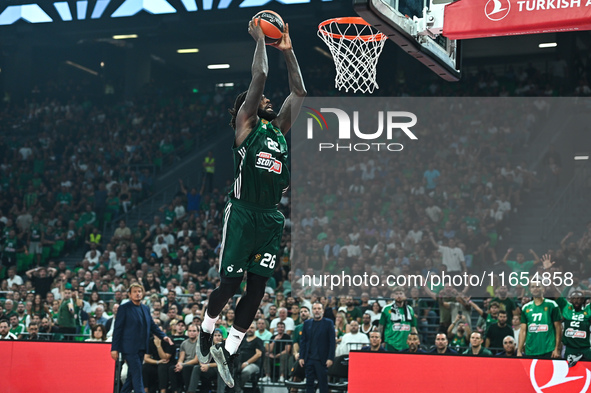 Mathias Lessort of Panathinaikos AKTOR Athens plays during the Euroleague, Round 2 match between Panathinaikos AKTOR Athens and FC Bayern Mu...