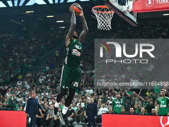 Mathias Lessort of Panathinaikos AKTOR Athens plays during the Euroleague, Round 2 match between Panathinaikos AKTOR Athens and FC Bayern Mu...