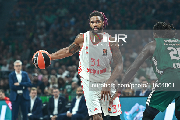 Devin Booker of FC Bayern Munich plays during the Euroleague, Round 2 match between Panathinaikos AKTOR Athens and FC Bayern Munich at OAKA...