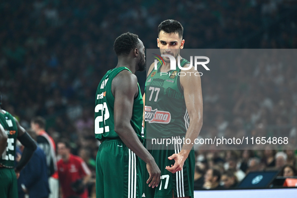 Omer Yurtseven, number 77, and Jerian Grant, number 22, of Panathinaikos AKTOR Athens play during the Euroleague, Round 2 match between Pana...