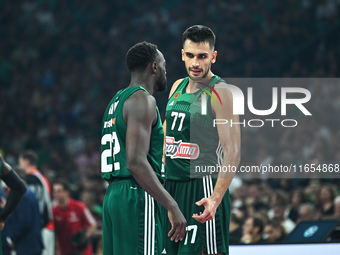 Omer Yurtseven, number 77, and Jerian Grant, number 22, of Panathinaikos AKTOR Athens play during the Euroleague, Round 2 match between Pana...