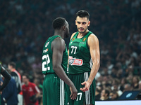 Omer Yurtseven, number 77, and Jerian Grant, number 22, of Panathinaikos AKTOR Athens play during the Euroleague, Round 2 match between Pana...