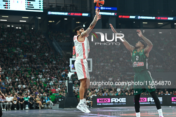 Devin Booker of FC Bayern Munich plays during the Euroleague, Round 2 match between Panathinaikos AKTOR Athens and FC Bayern Munich at OAKA...