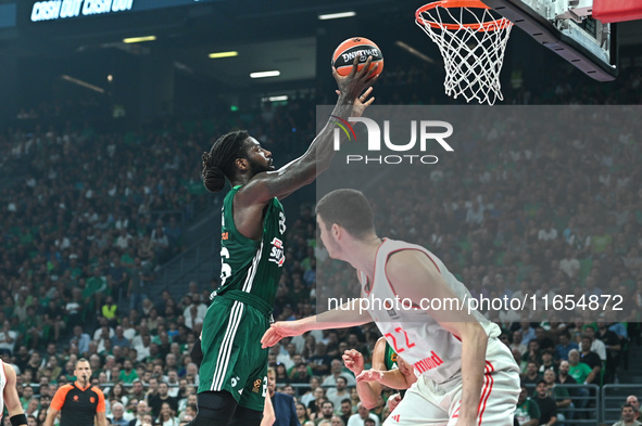 Mathias Lessort of Panathinaikos AKTOR Athens plays during the Euroleague, Round 2 match between Panathinaikos AKTOR Athens and FC Bayern Mu...