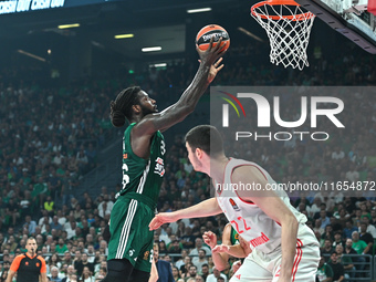 Mathias Lessort of Panathinaikos AKTOR Athens plays during the Euroleague, Round 2 match between Panathinaikos AKTOR Athens and FC Bayern Mu...