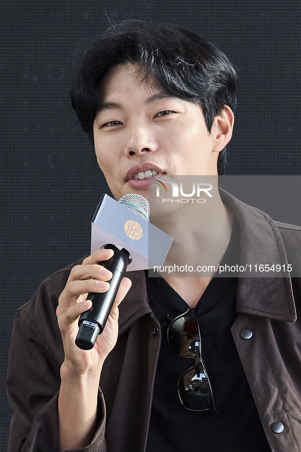 Actor Ryu Jun Yeol and Director Leos Carax attend their Open Talk stage at Cinema Center in Busan, South Korea, on October 9, 2024. 