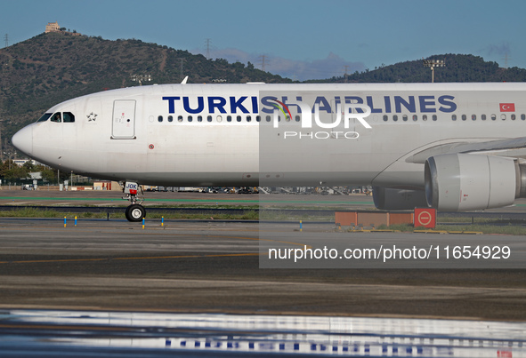 An Airbus A330-303 from Turkish Airlines is on the runway ready to take off from Barcelona airport in Barcelona, Spain, on October 8, 2024. 