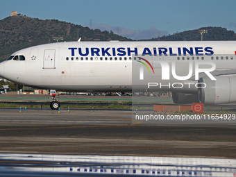 An Airbus A330-303 from Turkish Airlines is on the runway ready to take off from Barcelona airport in Barcelona, Spain, on October 8, 2024....