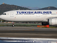 An Airbus A330-303 from Turkish Airlines is on the runway ready to take off from Barcelona airport in Barcelona, Spain, on October 8, 2024....