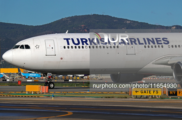 An Airbus A330-303 from Turkish Airlines is on the runway ready to take off from Barcelona airport in Barcelona, Spain, on October 8, 2024. 