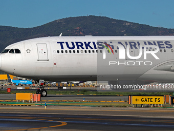 An Airbus A330-303 from Turkish Airlines is on the runway ready to take off from Barcelona airport in Barcelona, Spain, on October 8, 2024....