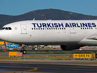 An Airbus A330-303 from Turkish Airlines is on the runway ready to take off from Barcelona airport in Barcelona, Spain, on October 8, 2024....