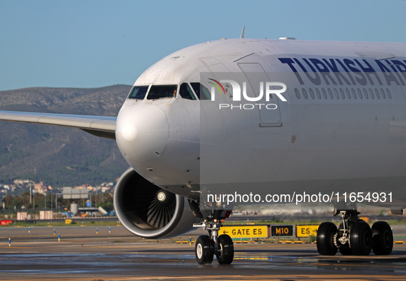 An Airbus A330-303 from Turkish Airlines is on the runway ready to take off from Barcelona airport in Barcelona, Spain, on October 8, 2024. 