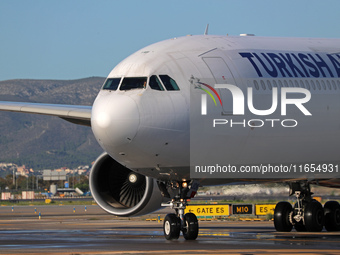 An Airbus A330-303 from Turkish Airlines is on the runway ready to take off from Barcelona airport in Barcelona, Spain, on October 8, 2024....