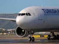 An Airbus A330-303 from Turkish Airlines is on the runway ready to take off from Barcelona airport in Barcelona, Spain, on October 8, 2024....