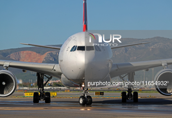 An Airbus A330-303 from Turkish Airlines is on the runway ready to take off from Barcelona airport in Barcelona, Spain, on October 8, 2024. 