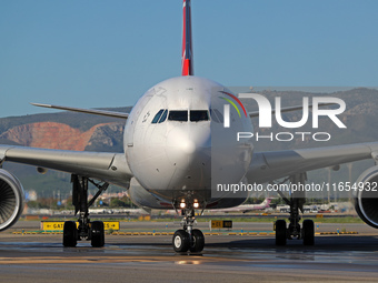 An Airbus A330-303 from Turkish Airlines is on the runway ready to take off from Barcelona airport in Barcelona, Spain, on October 8, 2024....