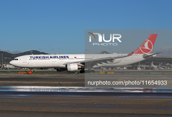 An Airbus A330-303 from Turkish Airlines is on the runway ready to take off from Barcelona airport in Barcelona, Spain, on October 8, 2024. 