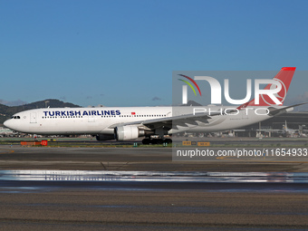 An Airbus A330-303 from Turkish Airlines is on the runway ready to take off from Barcelona airport in Barcelona, Spain, on October 8, 2024....