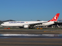 An Airbus A330-303 from Turkish Airlines is on the runway ready to take off from Barcelona airport in Barcelona, Spain, on October 8, 2024....