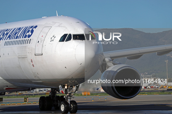 An Airbus A330-303 from Turkish Airlines is on the runway ready to take off from Barcelona airport in Barcelona, Spain, on October 8, 2024. 