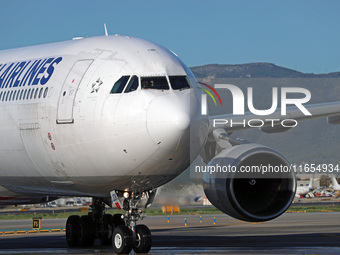 An Airbus A330-303 from Turkish Airlines is on the runway ready to take off from Barcelona airport in Barcelona, Spain, on October 8, 2024....