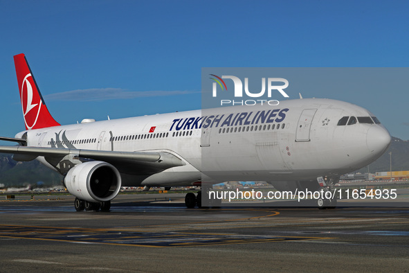 An Airbus A330-303 from Turkish Airlines is on the runway ready to take off from Barcelona airport in Barcelona, Spain, on October 8, 2024. 