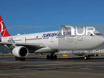 An Airbus A330-303 from Turkish Airlines is on the runway ready to take off from Barcelona airport in Barcelona, Spain, on October 8, 2024....