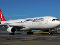 An Airbus A330-303 from Turkish Airlines is on the runway ready to take off from Barcelona airport in Barcelona, Spain, on October 8, 2024....