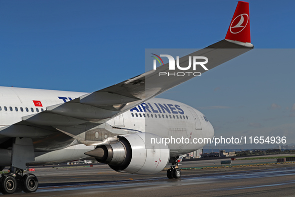 An Airbus A330-303 from Turkish Airlines is on the runway ready to take off from Barcelona airport in Barcelona, Spain, on October 8, 2024. 