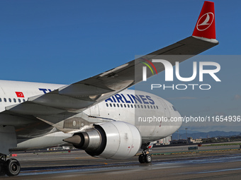 An Airbus A330-303 from Turkish Airlines is on the runway ready to take off from Barcelona airport in Barcelona, Spain, on October 8, 2024....