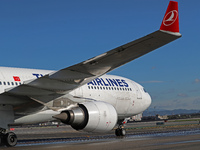 An Airbus A330-303 from Turkish Airlines is on the runway ready to take off from Barcelona airport in Barcelona, Spain, on October 8, 2024....