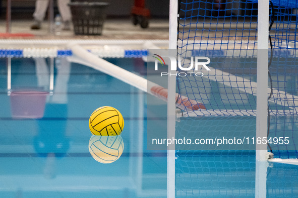 A ball is in the pool before the match Olympiacos vs. National Piraeus during the Final Water Polo Super Cup at Papastrateio Swimming Pool i...