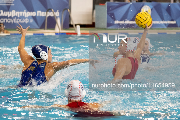 Fotini Triha (5) is seen in action during the match Olympiacos vs. National Piraeus during the Final Water Polo Super Cup at Papastrateio Sw...