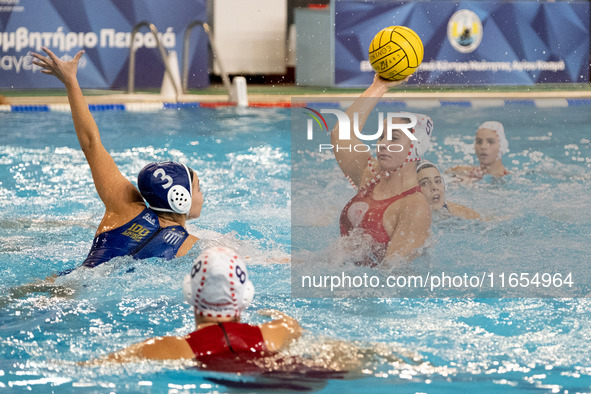 Fotini Triha (5) is seen in action during the match Olympiacos vs. National Piraeus during the Final Water Polo Super Cup at Papastrateio Sw...