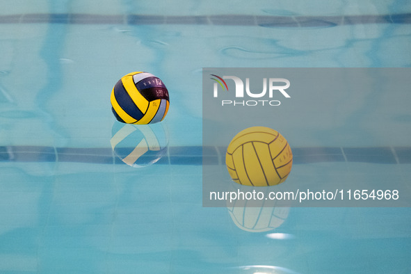 Two balls are in the pool before the match Olympiacos vs. National Piraeus during the Final Water Polo Super Cup at Papastrateio Swimming Po...