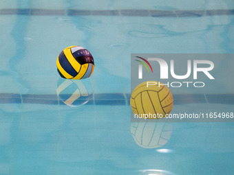 Two balls are in the pool before the match Olympiacos vs. National Piraeus during the Final Water Polo Super Cup at Papastrateio Swimming Po...