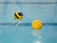 Two balls are in the pool before the match Olympiacos vs. National Piraeus during the Final Water Polo Super Cup at Papastrateio Swimming Po...