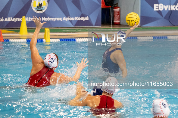 Eleni Kanetidou (10) is seen in action during the match Olympiacos vs. National Piraeus during the Final Water Polo Super Cup at Papastratei...