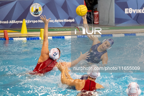 Eleni Kanetidou (10) is seen in action during the match Olympiacos vs. National Piraeus during the Final Water Polo Super Cup at Papastratei...