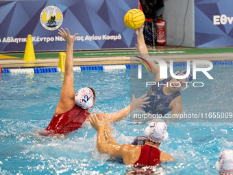 Eleni Kanetidou (10) is seen in action during the match Olympiacos vs. National Piraeus during the Final Water Polo Super Cup at Papastratei...