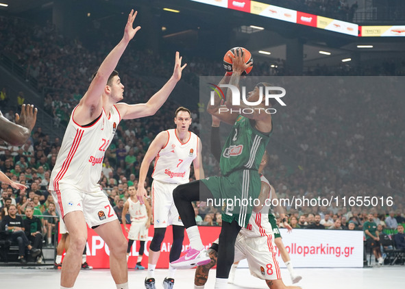 Lorenzo Brown of Panathinaikos participates in the Euroleague basketball match between Panathinaikos AKTOR Athens and FC Bayern Munich at OA...