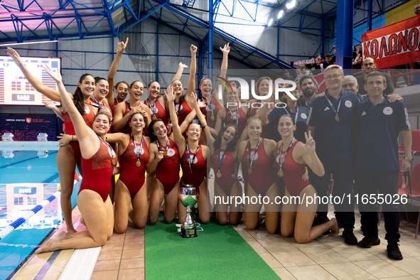 The Olympiacos team celebrates its win after the match Olympiacos vs. National Piraeus during the Final Water Polo Super Cup at Papastrateio...